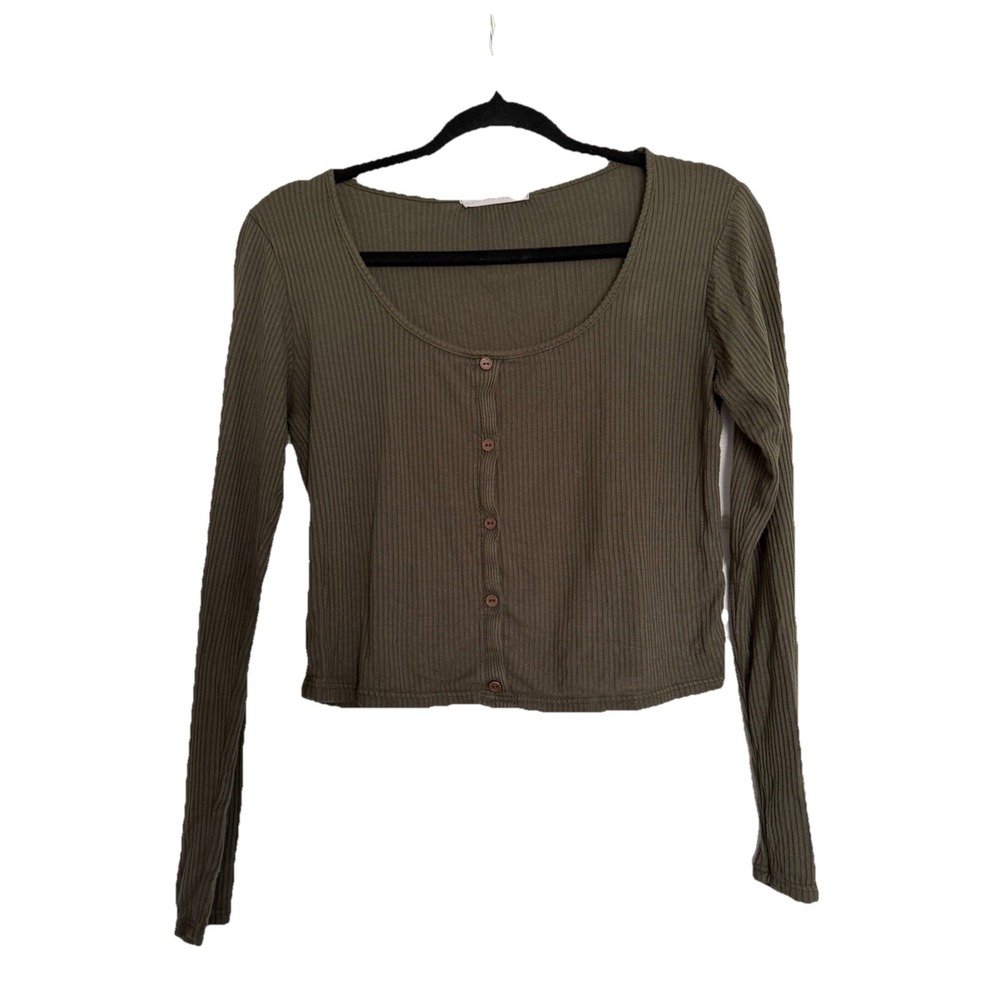 Caution To The Wind ribbed, olive green long-sleeve crop top Faux Button Front S